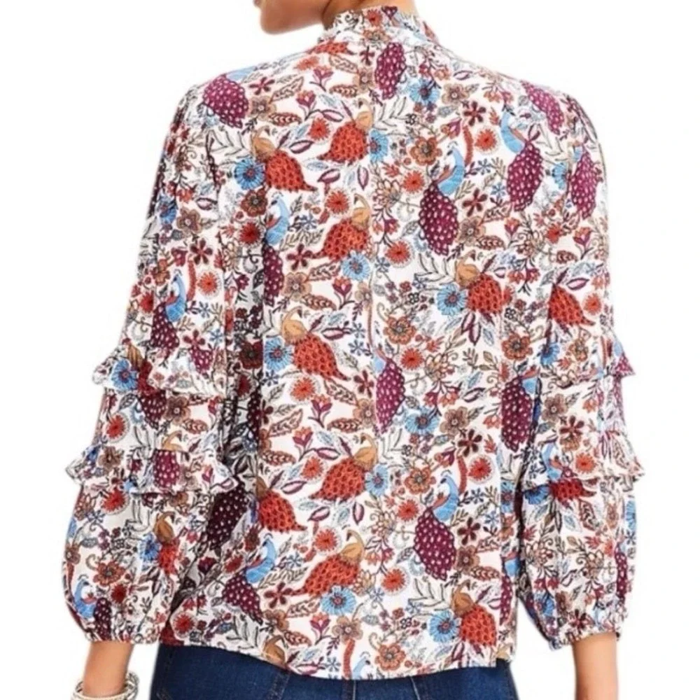 LOFT Womens Peacock Floral Ruffle Sleeve Henley Blouse Multicolor Top Size XL‎